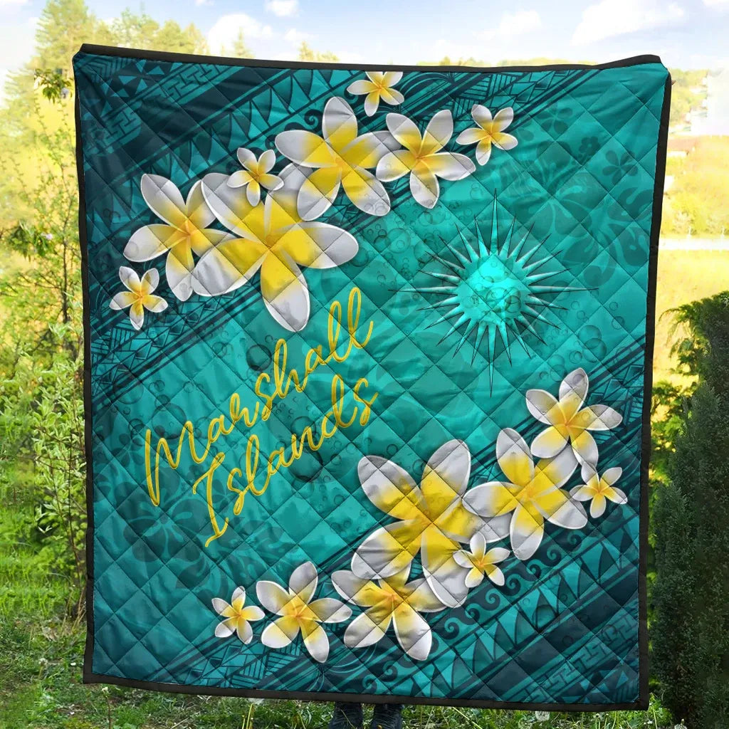 Marshall Islands Polynesian Quilt - Plumeria With Blue Ocean