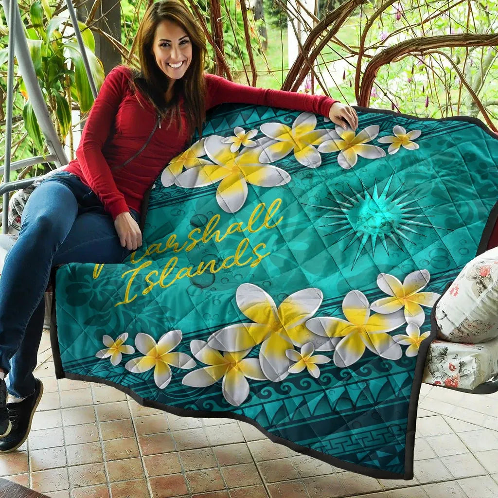 Marshall Islands Polynesian Quilt - Plumeria With Blue Ocean