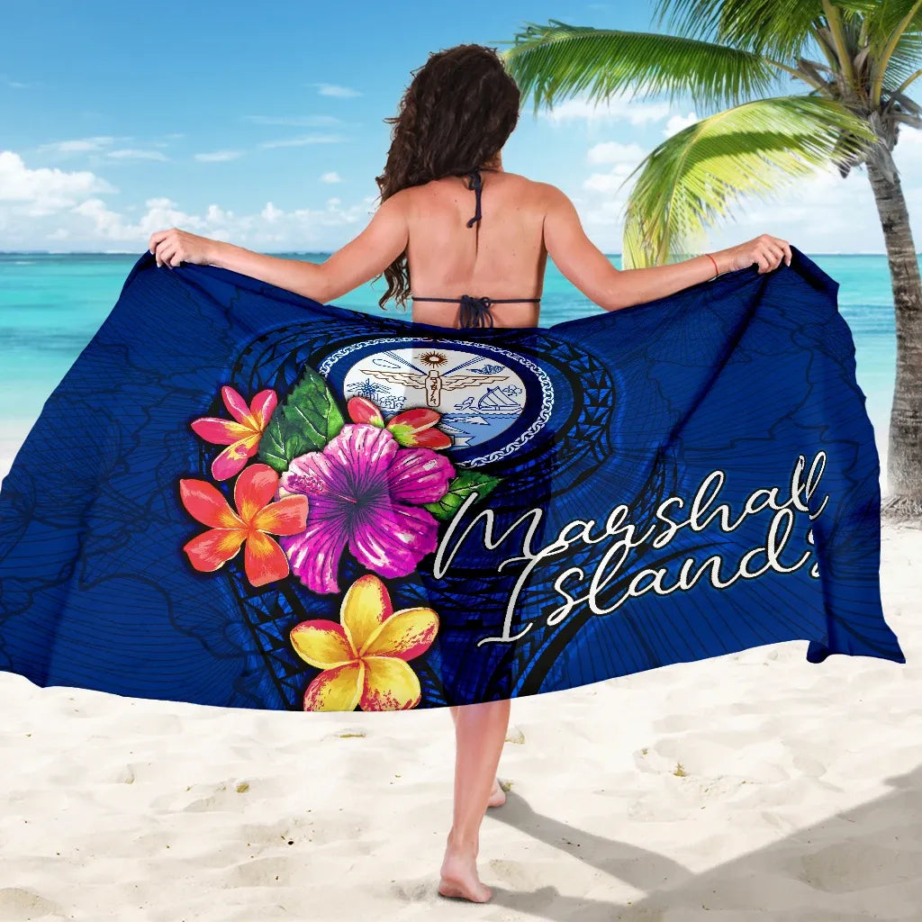 Marshall Islands Polynesian Sarong - Floral With Seal Blue