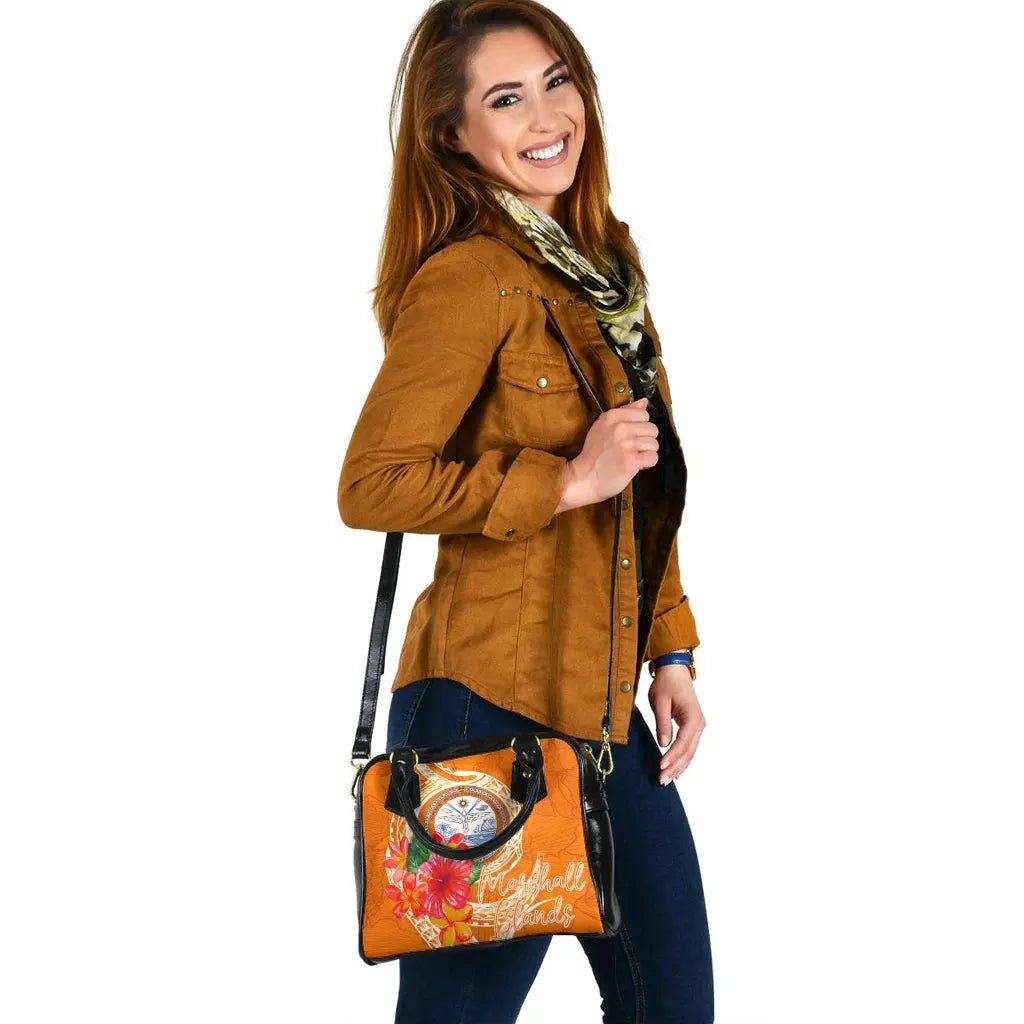 Marshall Islands Polynesian Shoulder Handbag - Orange Floral With Seal