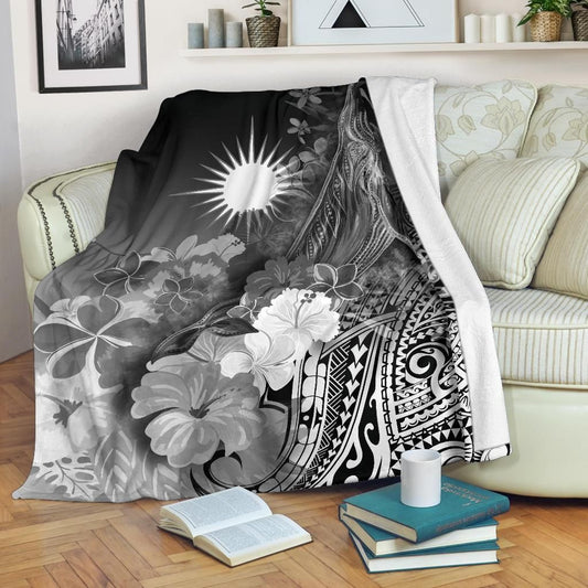 Marshall Islands Premium Blanket - Humpback Whale with Tropical Flowers (White)