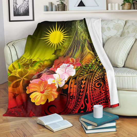 Marshall Islands Premium Blanket - Humpback Whale with Tropical Flowers (Yellow)