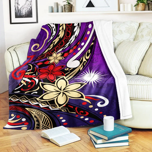 Marshall Islands Premium Blanket - Tribal Flower With Special Turtles Purple Color