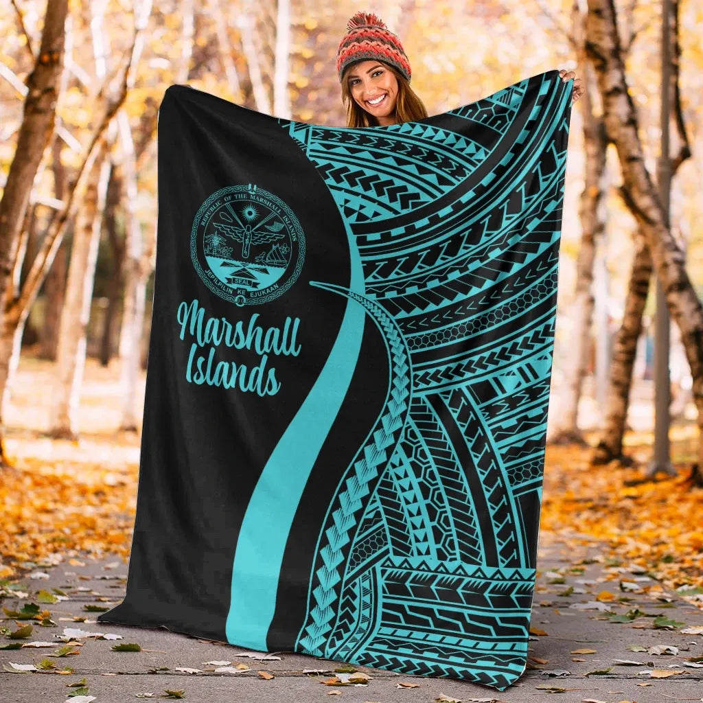 Marshall Islands Premium Blanket - Turquoise Polynesian Tentacle Tribal Pattern Crest
