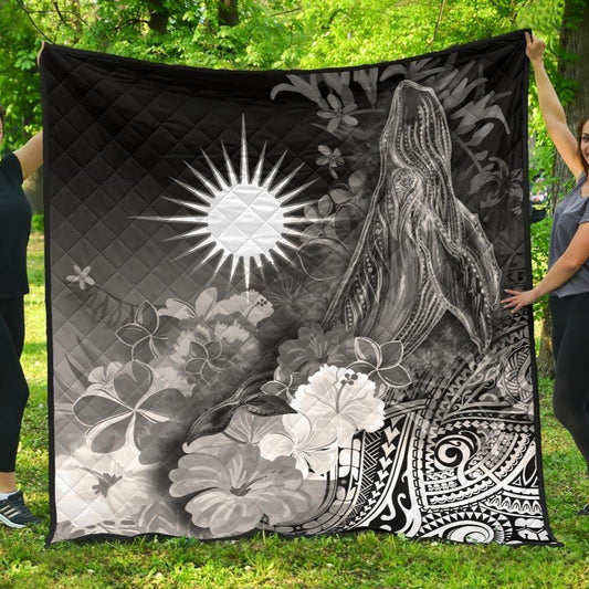 Marshall Islands Premium Quilt - Humpback Whale with Tropical Flowers (White)