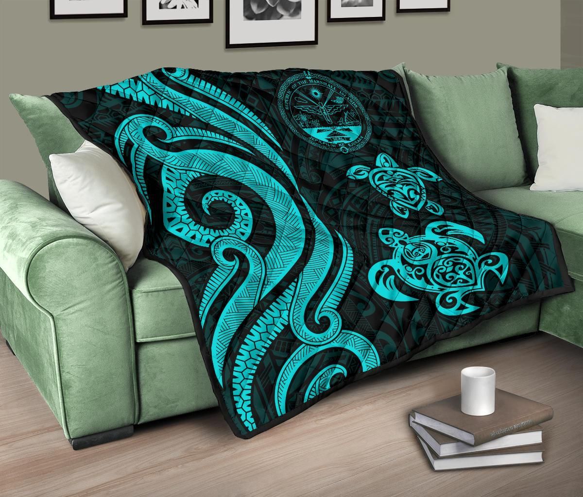 Marshall Islands Premium Quilt - Turquoise Tentacle Turtle Crest