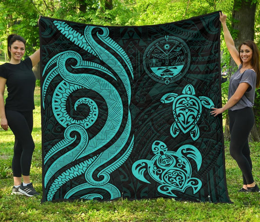 Marshall Islands Premium Quilt - Turquoise Tentacle Turtle Crest
