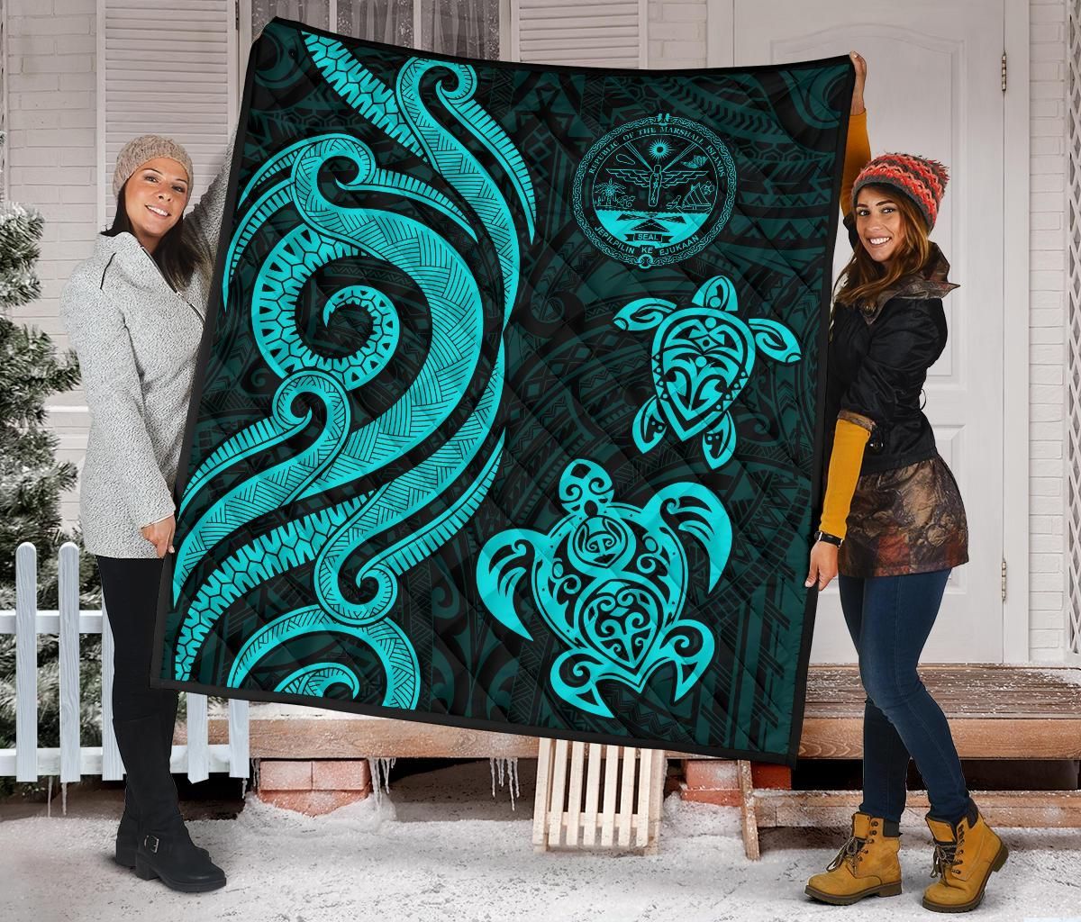 Marshall Islands Premium Quilt - Turquoise Tentacle Turtle Crest