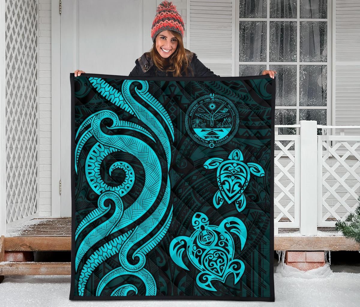 Marshall Islands Premium Quilt - Turquoise Tentacle Turtle Crest