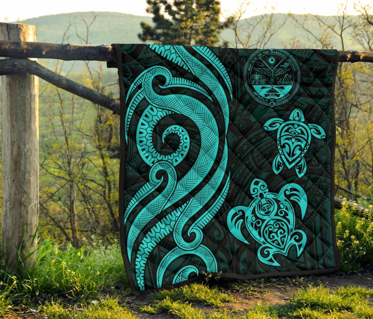 Marshall Islands Premium Quilt - Turquoise Tentacle Turtle Crest