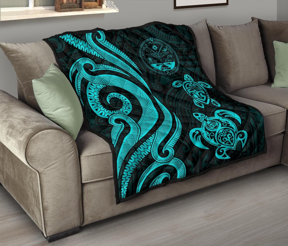 Marshall Islands Premium Quilt - Turquoise Tentacle Turtle Crest