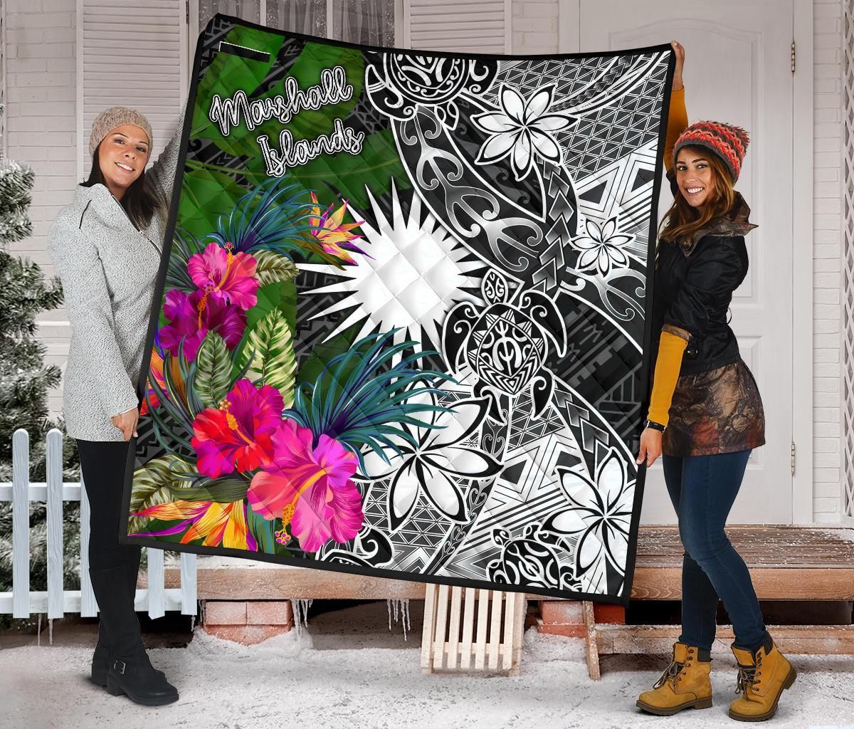 Marshall Islands Premium Quilt - Turtle Plumeria Banana Leaf