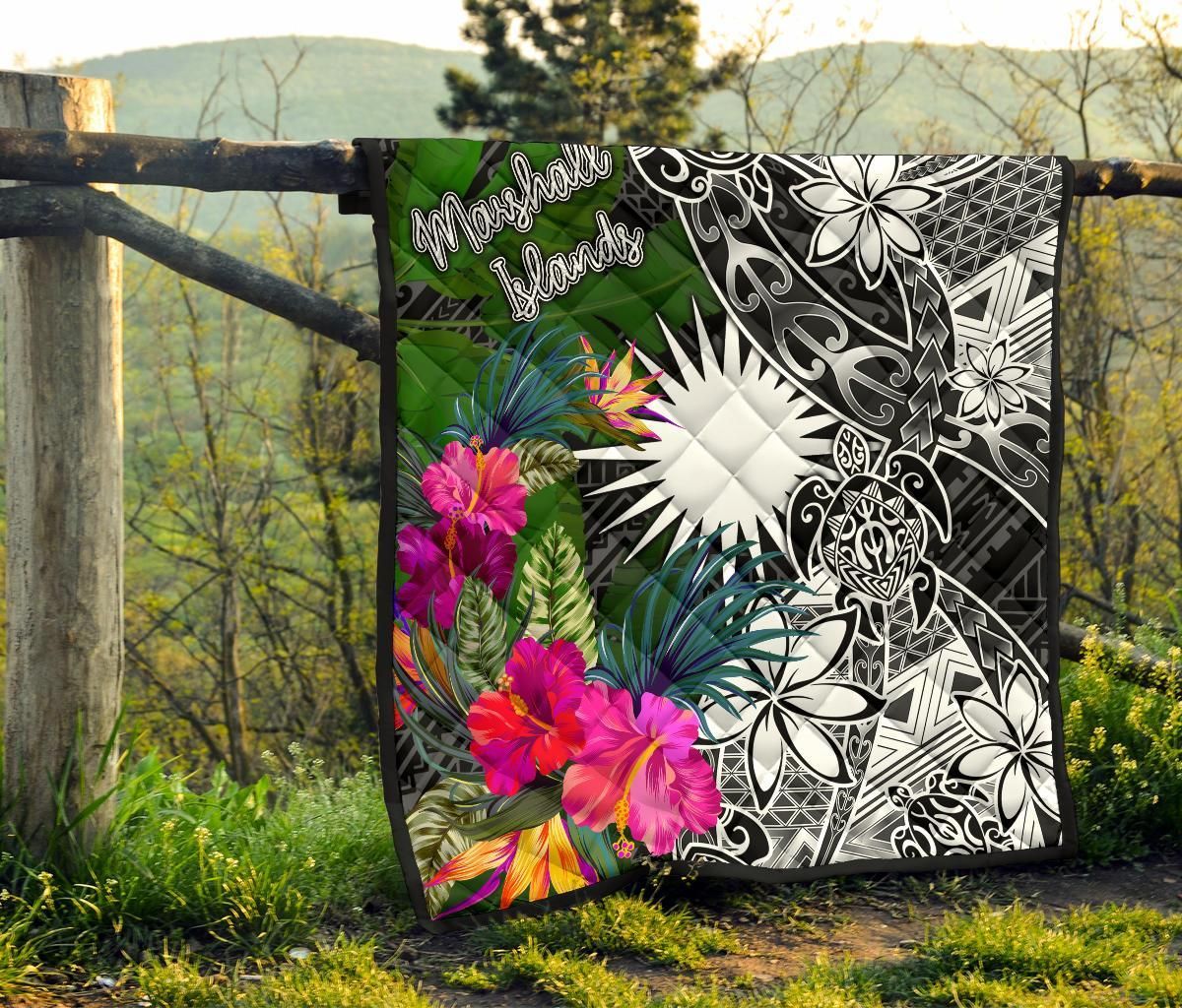 Marshall Islands Premium Quilt - Turtle Plumeria Banana Leaf