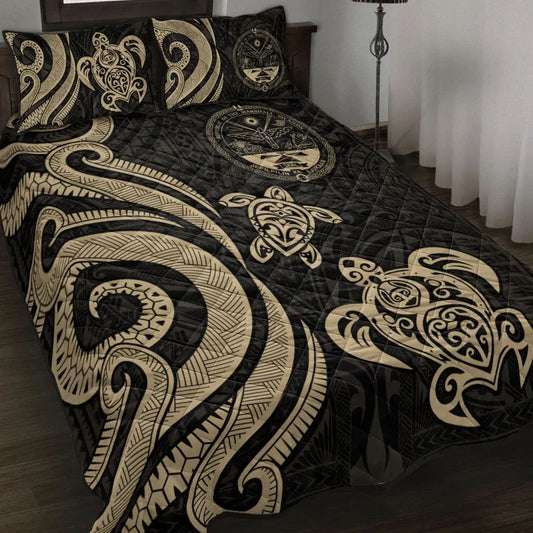 Marshall Islands Quilt Bed Set - Gold Tentacle Turtle Crest
