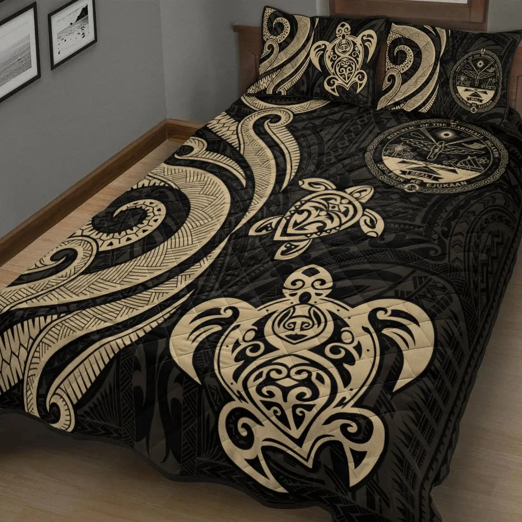 Marshall Islands Quilt Bed Set - Gold Tentacle Turtle Crest