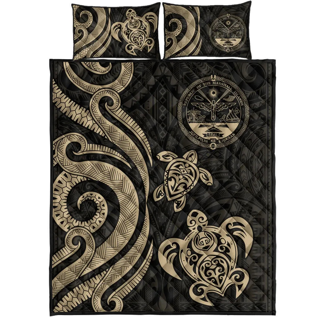 Marshall Islands Quilt Bed Set - Gold Tentacle Turtle Crest