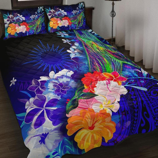 Marshall Islands Quilt Bed Set - Humpback Whale with Tropical Flowers (Blue)