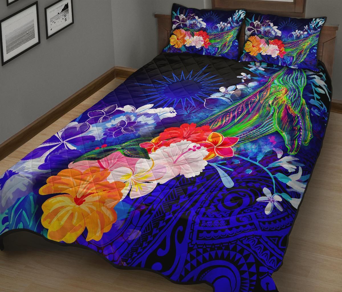Marshall Islands Quilt Bed Set - Humpback Whale with Tropical Flowers (Blue)
