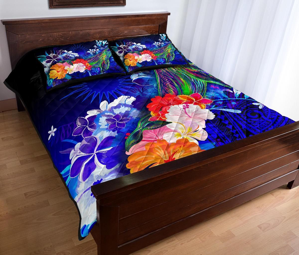 Marshall Islands Quilt Bed Set - Humpback Whale with Tropical Flowers (Blue)