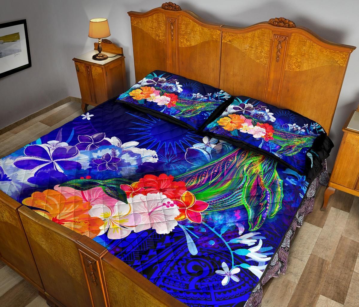 Marshall Islands Quilt Bed Set - Humpback Whale with Tropical Flowers (Blue)
