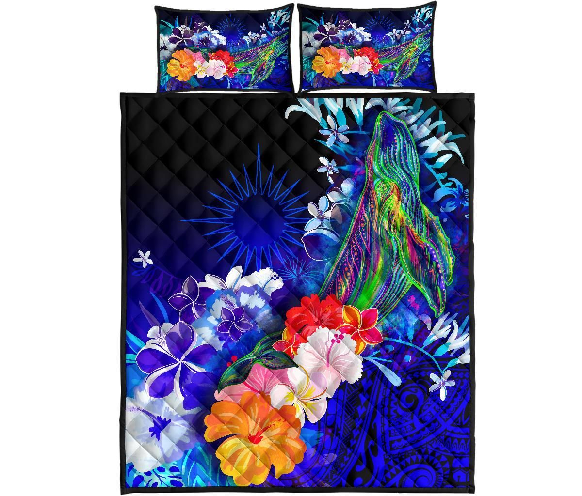 Marshall Islands Quilt Bed Set - Humpback Whale with Tropical Flowers (Blue)