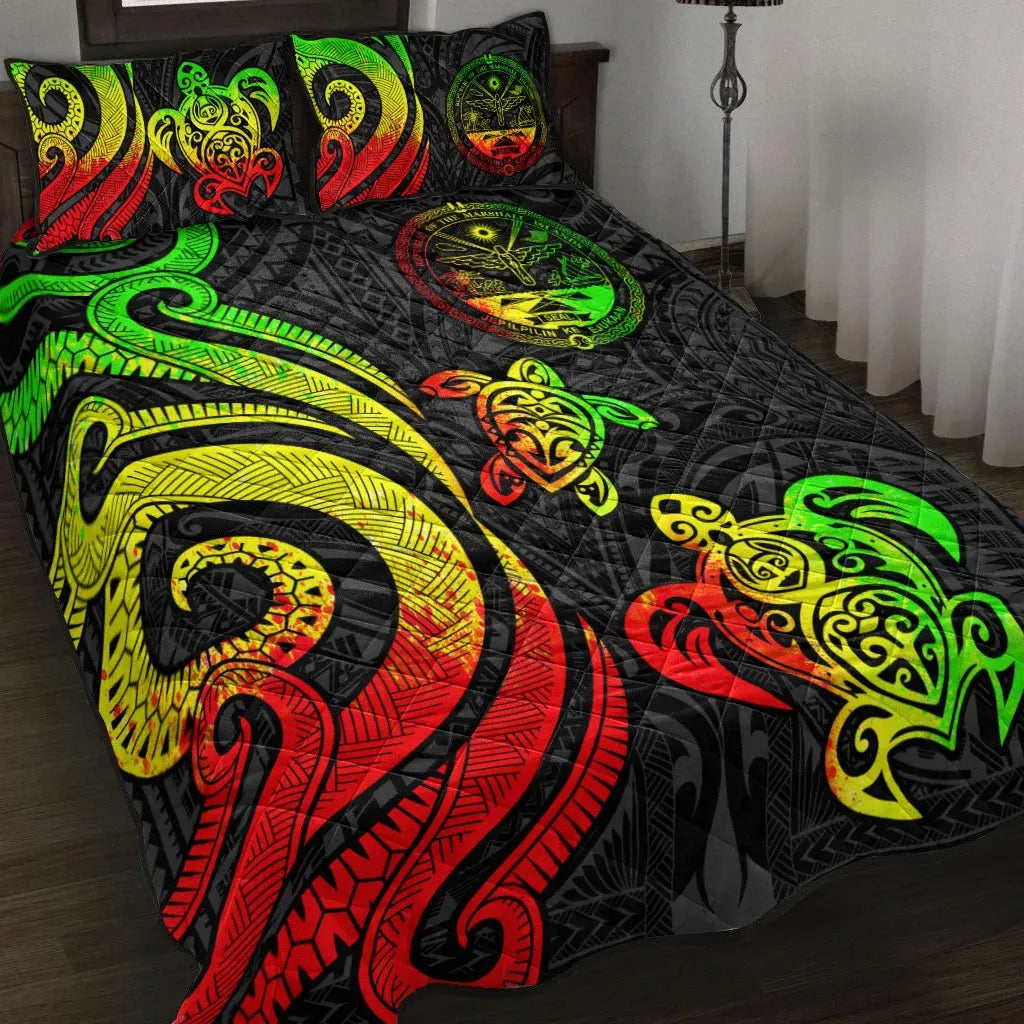 Marshall Islands Quilt Bed Set - Reggae Tentacle Turtle Crest