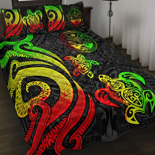 Marshall Islands Quilt Bed Set - Reggae Tentacle Turtle Crest