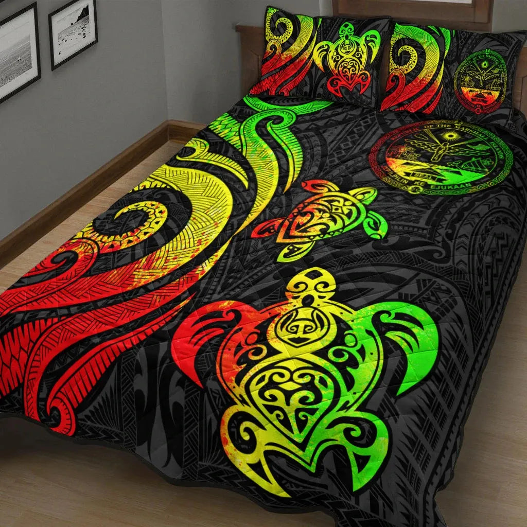 Marshall Islands Quilt Bed Set - Reggae Tentacle Turtle Crest