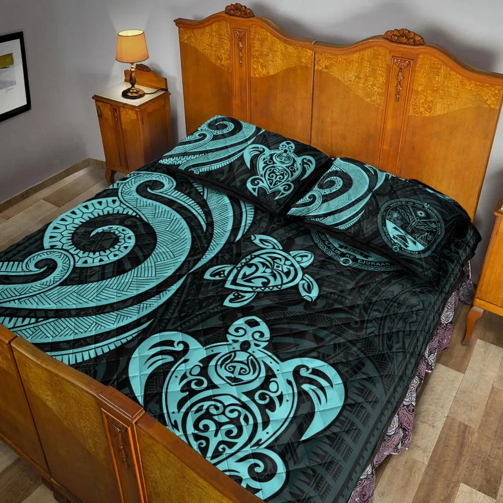Marshall Islands Quilt Bed Set - Turquoise Tentacle Turtle Crest