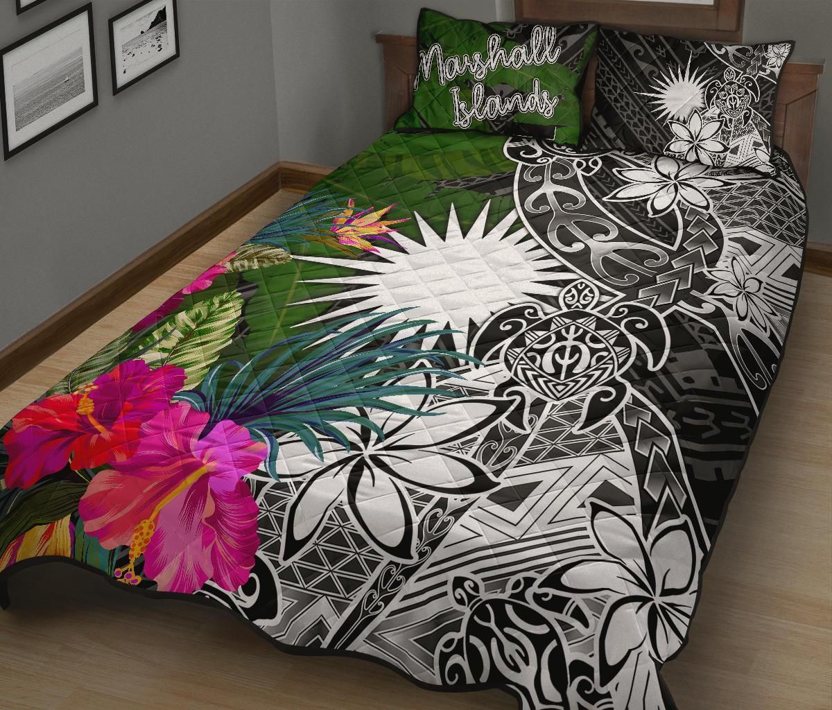 Marshall Islands Quilt Bed Set - Turtle Plumeria Banana Leaf