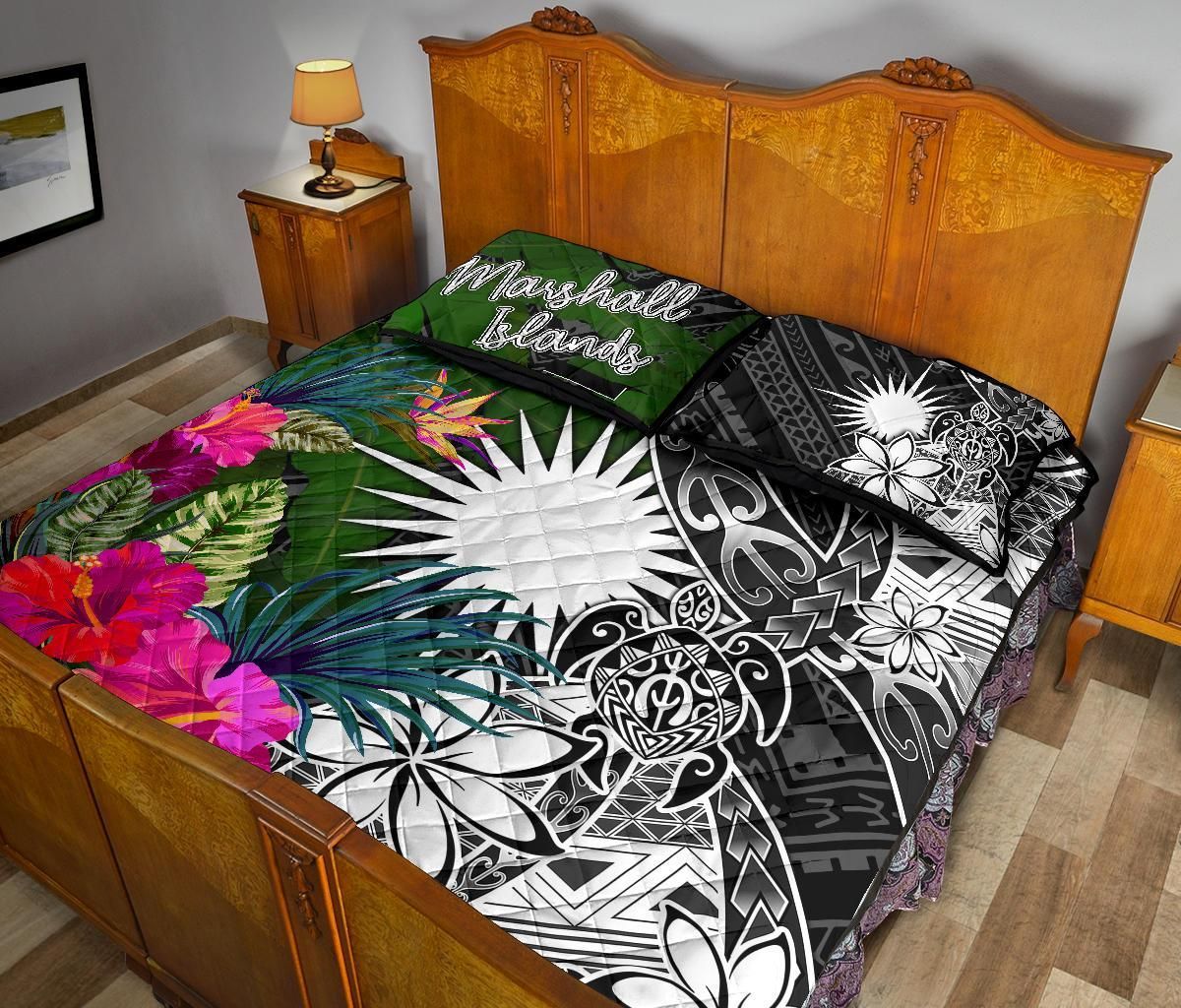 Marshall Islands Quilt Bed Set - Turtle Plumeria Banana Leaf