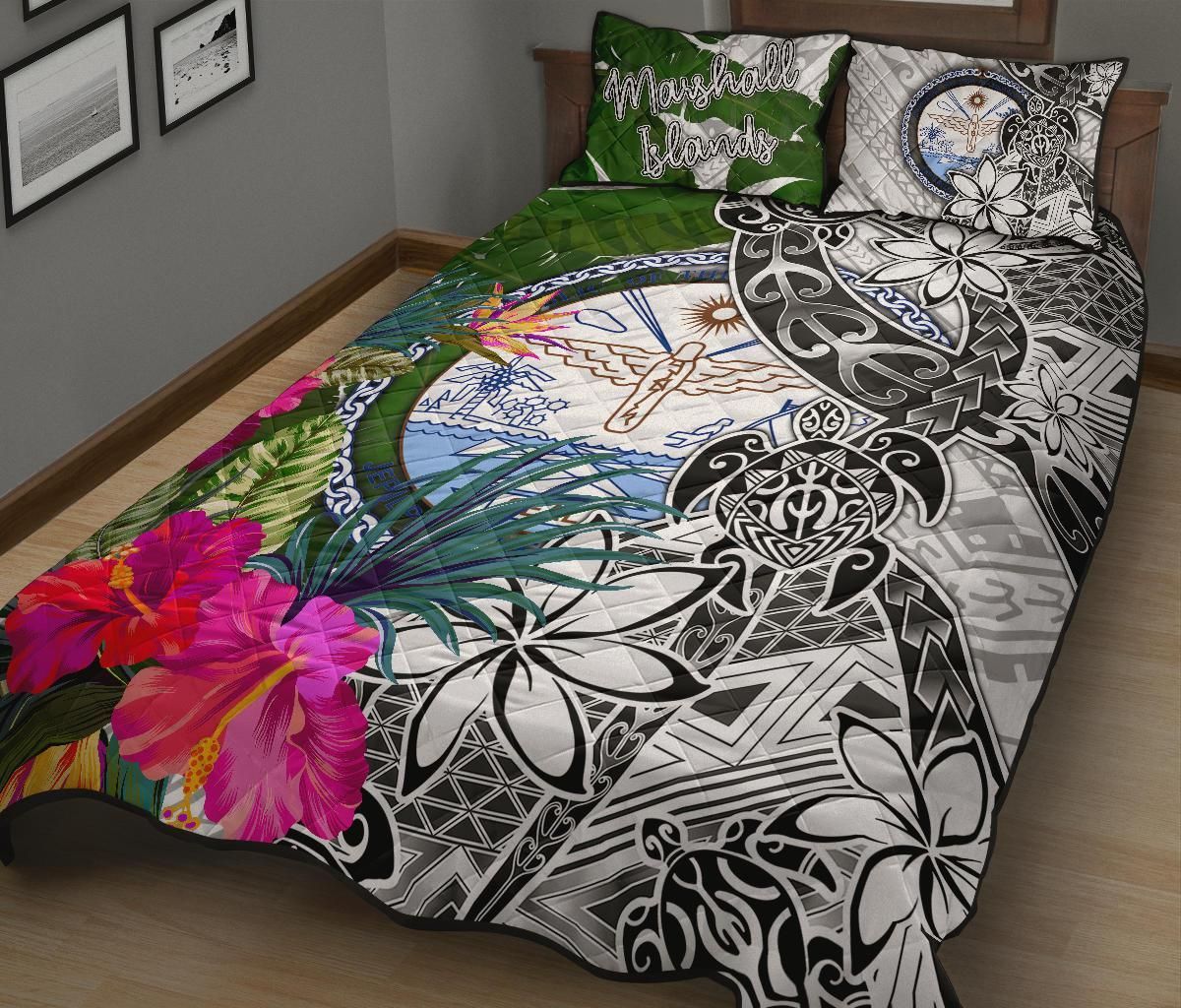 Marshall Islands Quilt Bed Set White - Turtle Plumeria Banana Leaf Crest