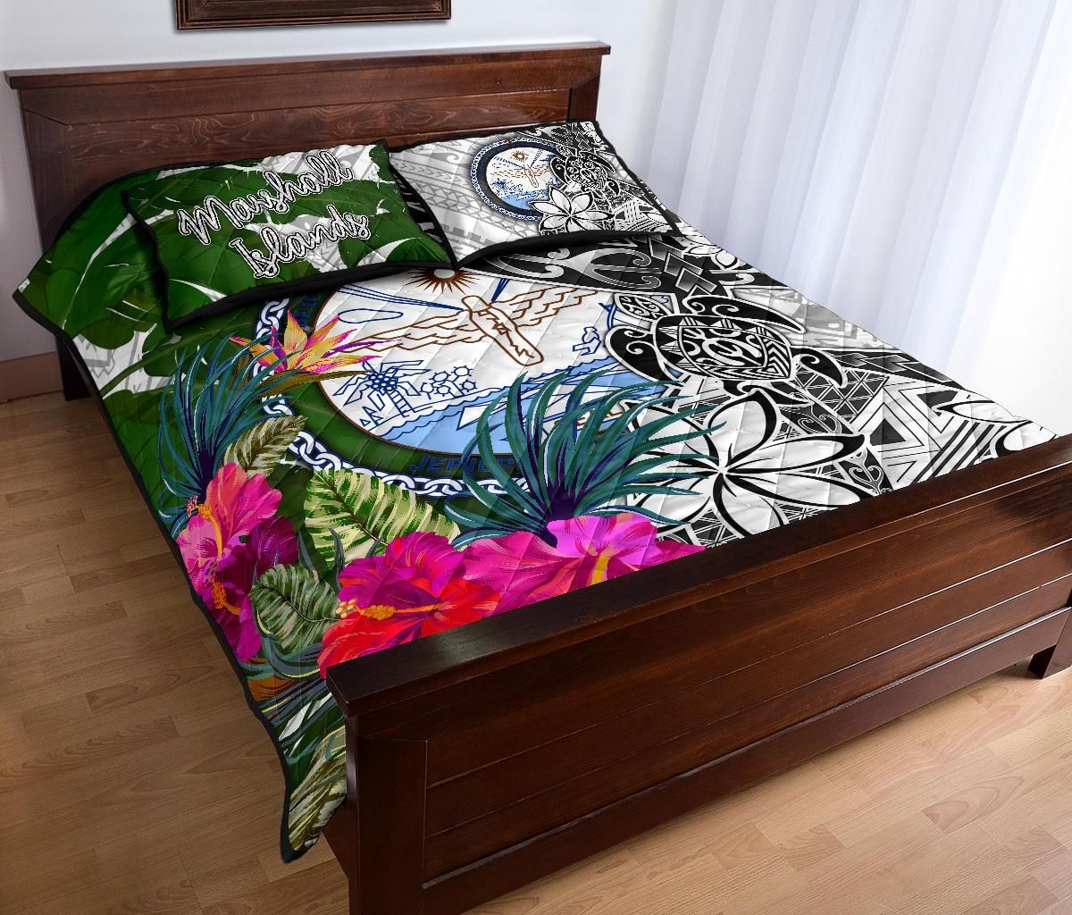 Marshall Islands Quilt Bed Set White - Turtle Plumeria Banana Leaf Crest