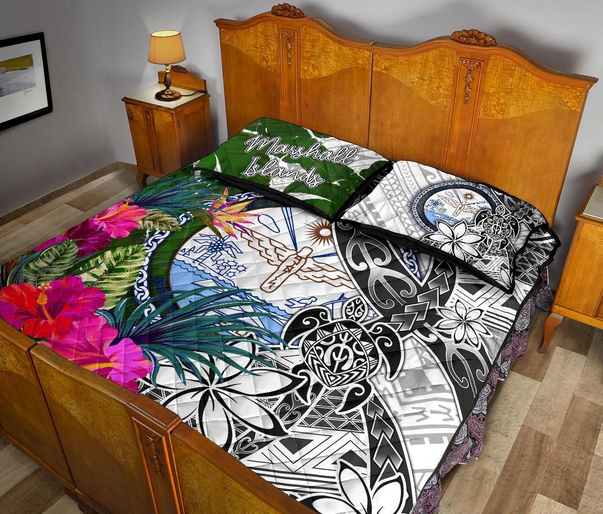 Marshall Islands Quilt Bed Set White - Turtle Plumeria Banana Leaf Crest
