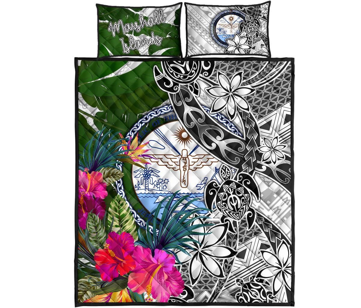 Marshall Islands Quilt Bed Set White - Turtle Plumeria Banana Leaf Crest