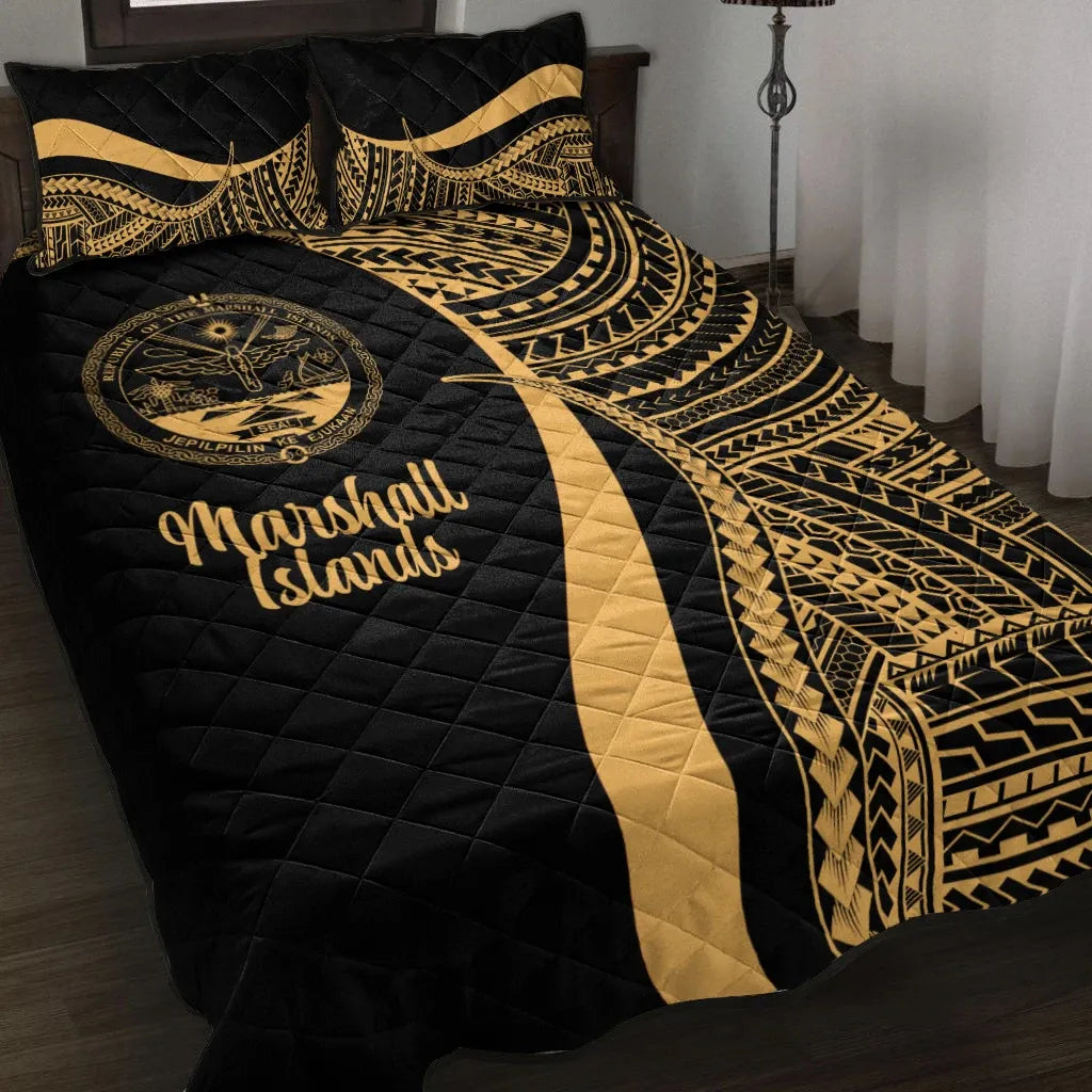 Marshall Islands Quilt Bed Set - Gold Polynesian Tentacle Tribal Pattern Crest