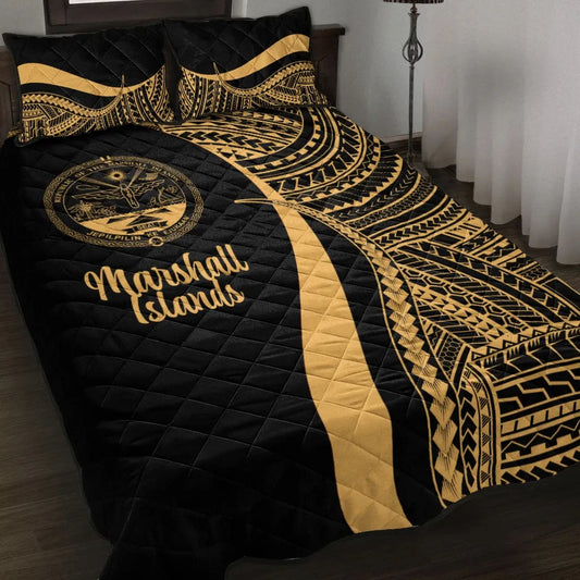 Marshall Islands Quilt Bed Set - Gold Polynesian Tentacle Tribal Pattern Crest