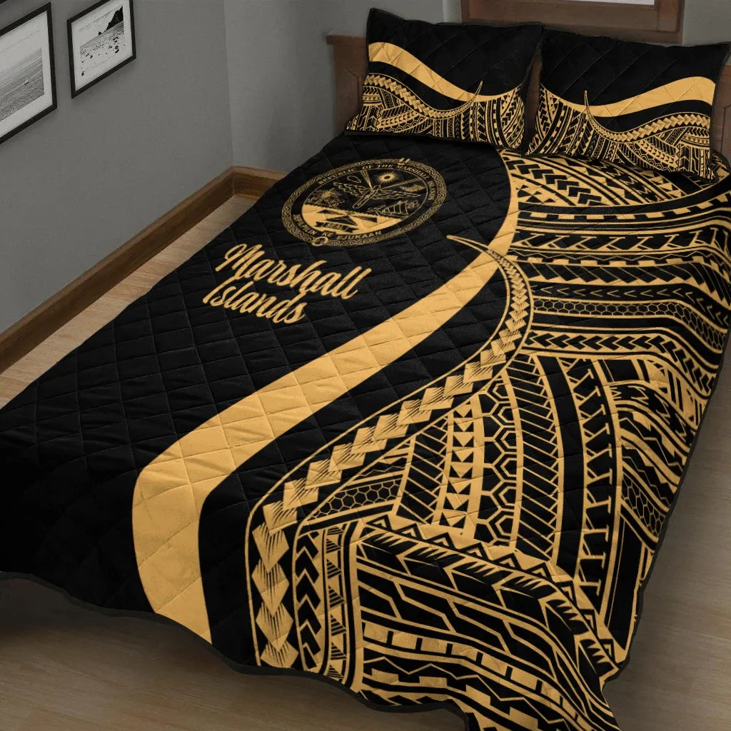 Marshall Islands Quilt Bed Set - Gold Polynesian Tentacle Tribal Pattern Crest