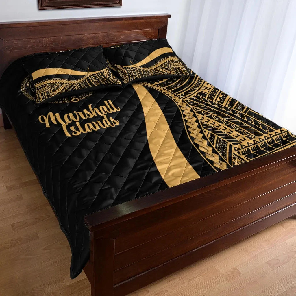 Marshall Islands Quilt Bed Set - Gold Polynesian Tentacle Tribal Pattern Crest
