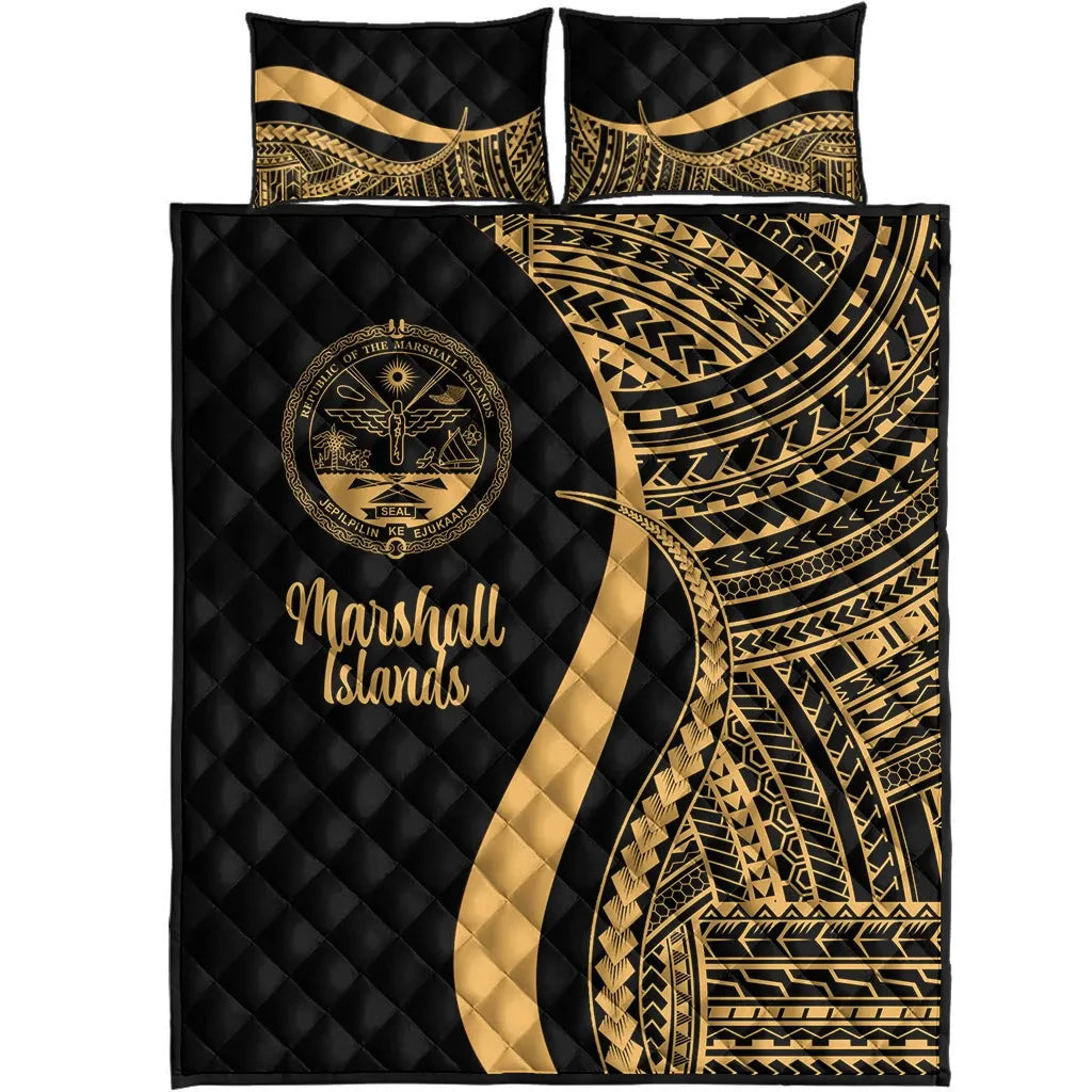 Marshall Islands Quilt Bed Set - Gold Polynesian Tentacle Tribal Pattern Crest