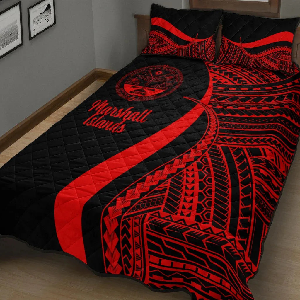 Marshall Islands Quilt Bed Set - Red Polynesian Tentacle Tribal Pattern Crest