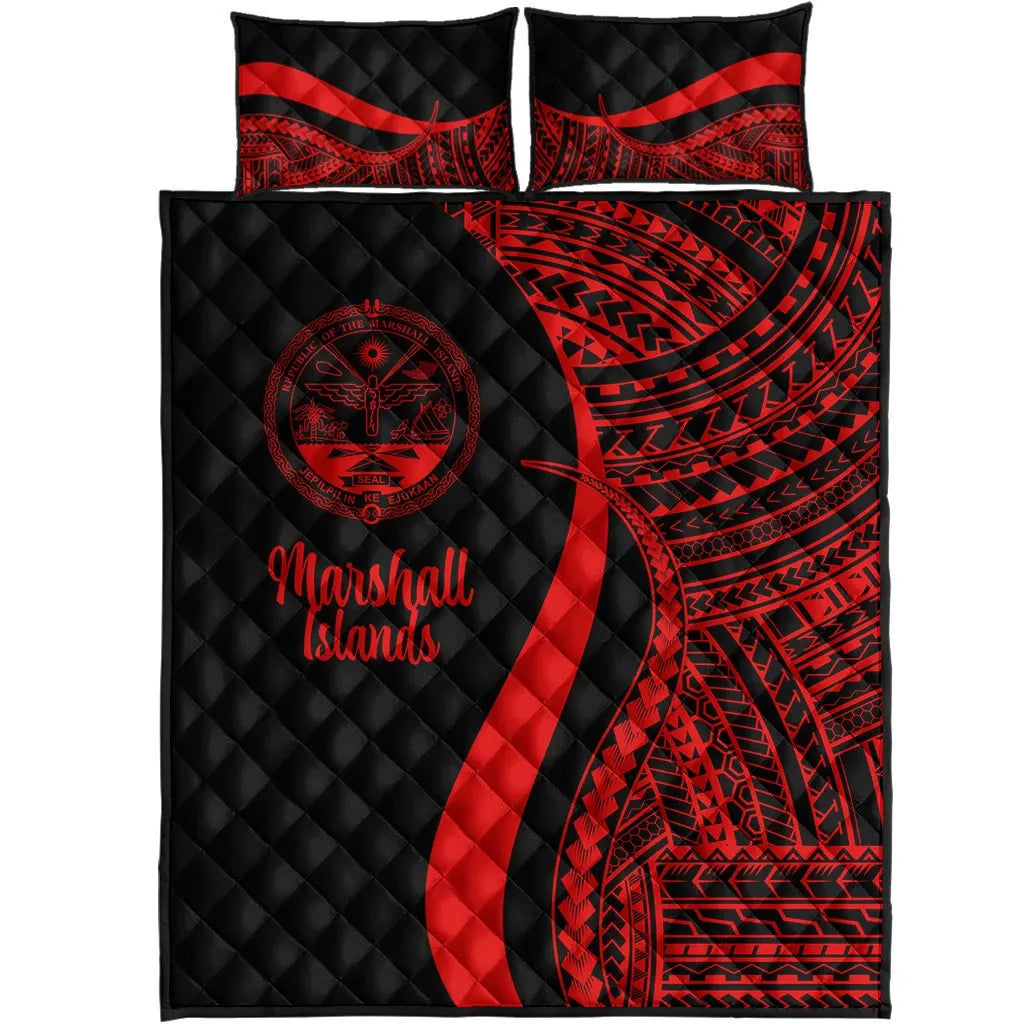 Marshall Islands Quilt Bed Set - Red Polynesian Tentacle Tribal Pattern Crest