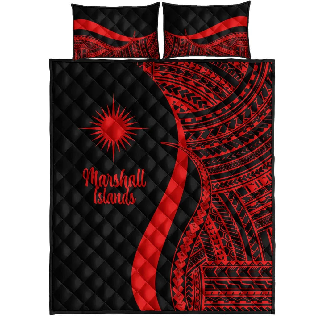 Marshall Islands Quilt Bed Set - Red Polynesian Tentacle Tribal Pattern