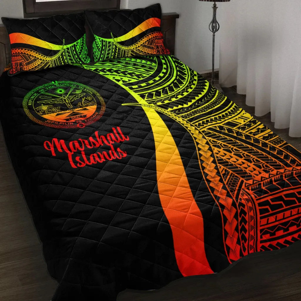 Marshall Islands Quilt Bed Set - Reggae Polynesian Tentacle Tribal Pattern Crest