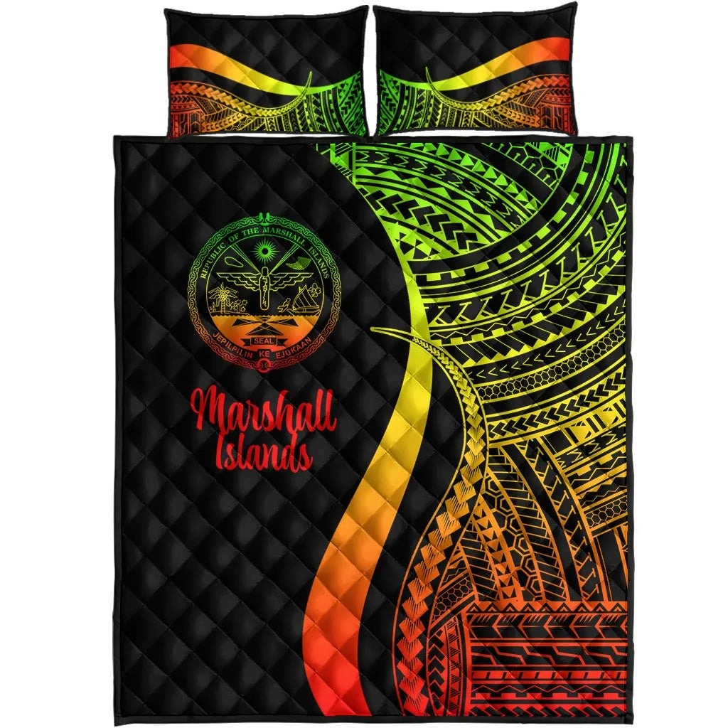 Marshall Islands Quilt Bed Set - Reggae Polynesian Tentacle Tribal Pattern Crest