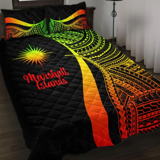 Marshall Islands Quilt Bed Set - Reggae Polynesian Tentacle Tribal Pattern