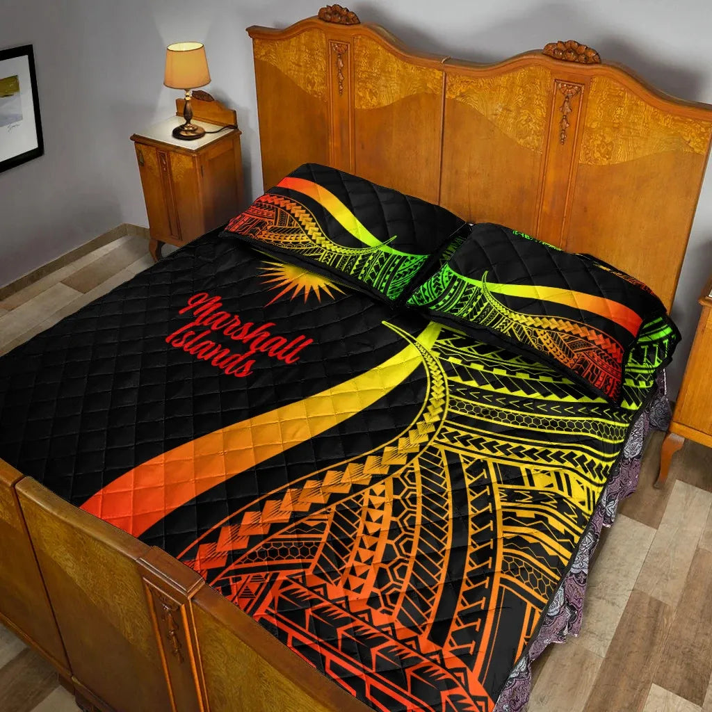 Marshall Islands Quilt Bed Set - Reggae Polynesian Tentacle Tribal Pattern