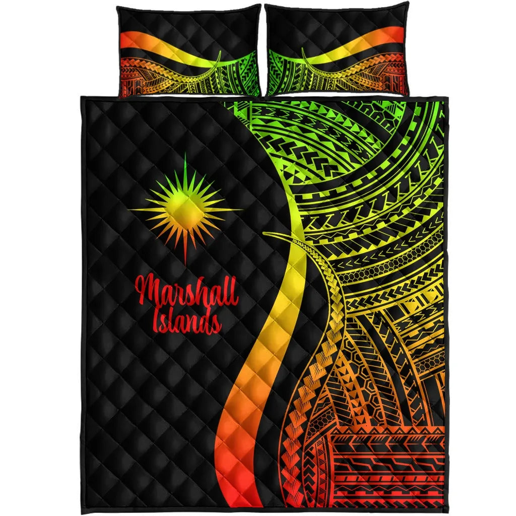 Marshall Islands Quilt Bed Set - Reggae Polynesian Tentacle Tribal Pattern