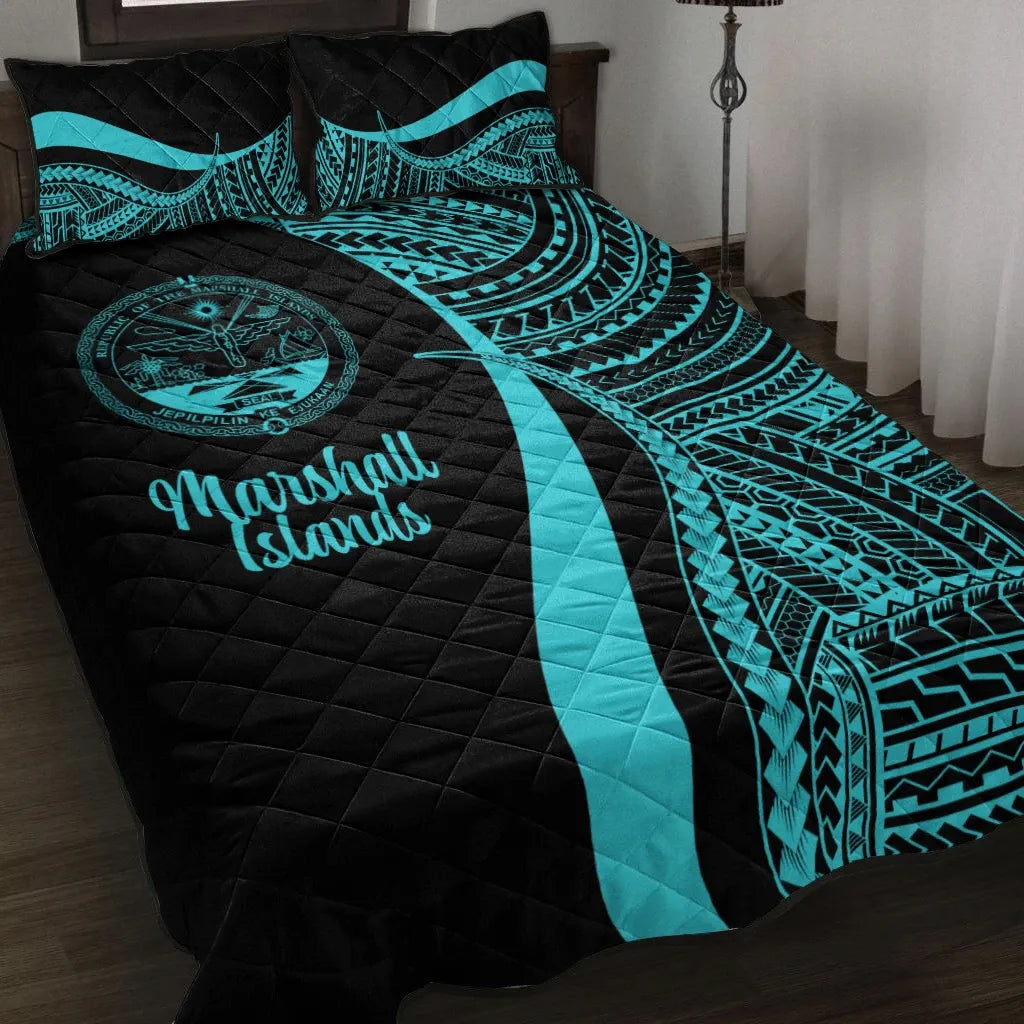 Marshall Islands Quilt Bed Set - Turquoise Polynesian Tentacle Tribal Pattern Crest