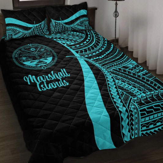 Marshall Islands Quilt Bed Set - Turquoise Polynesian Tentacle Tribal Pattern Crest